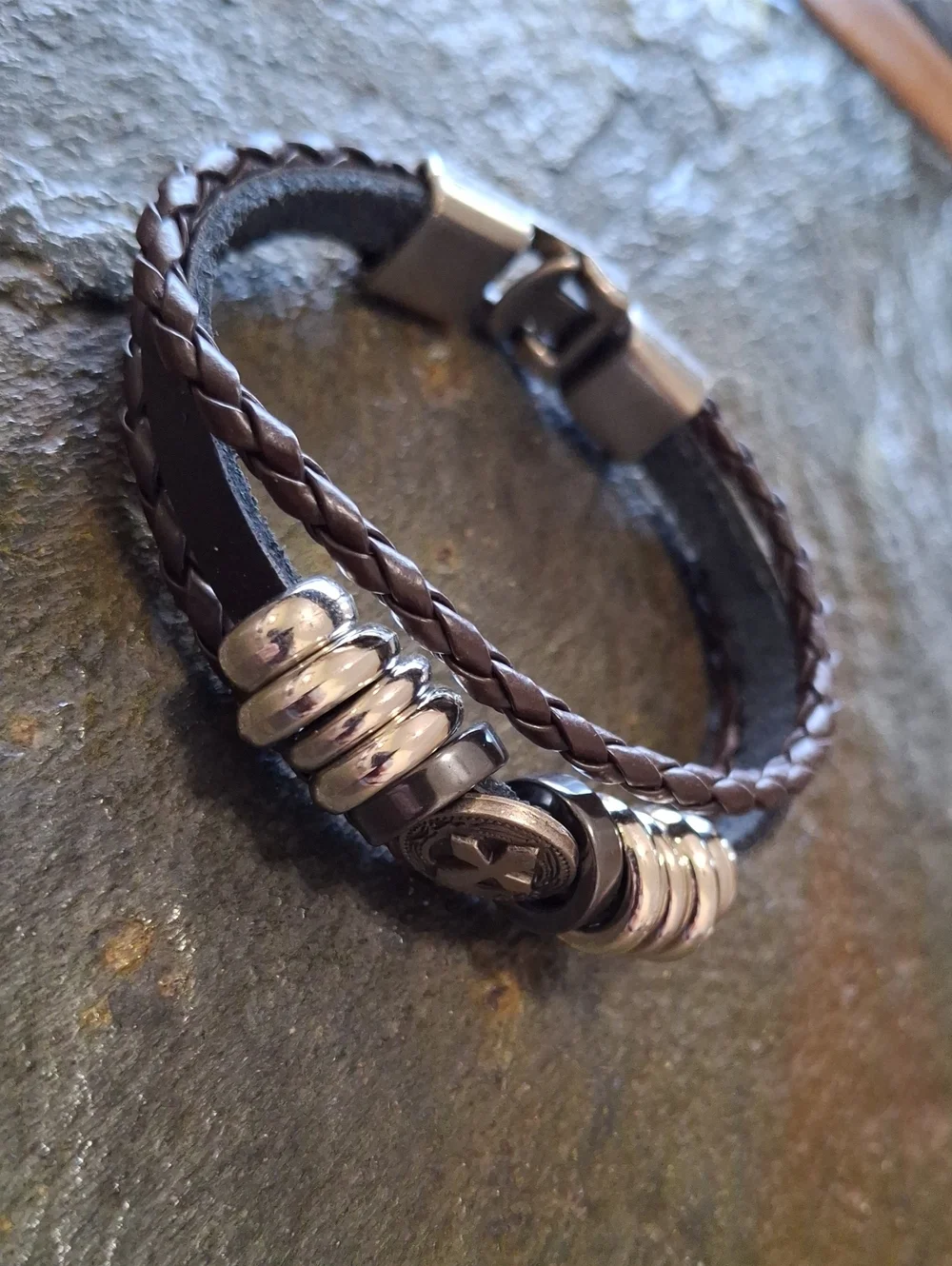 Black Leather Cross Bracelet with Metal Beads